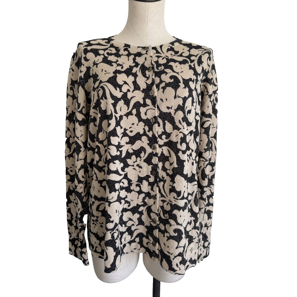 Charter Club Cardigan Sweater Black & Tan Floral Metallic Woman 2X